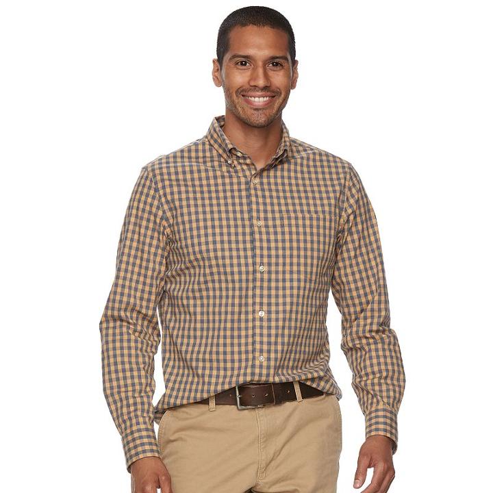 Men's Sonoma Goods For Life&trade; Flexwear Slim-fit Plaid Poplin Button-down Shirt, Size: Medium, Beig/green (beig/khaki)