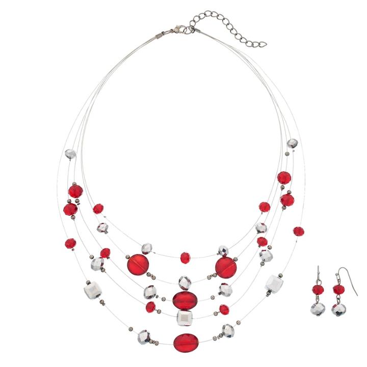 Red Beaded Illusion Necklace & Drop Earring Set, Women's