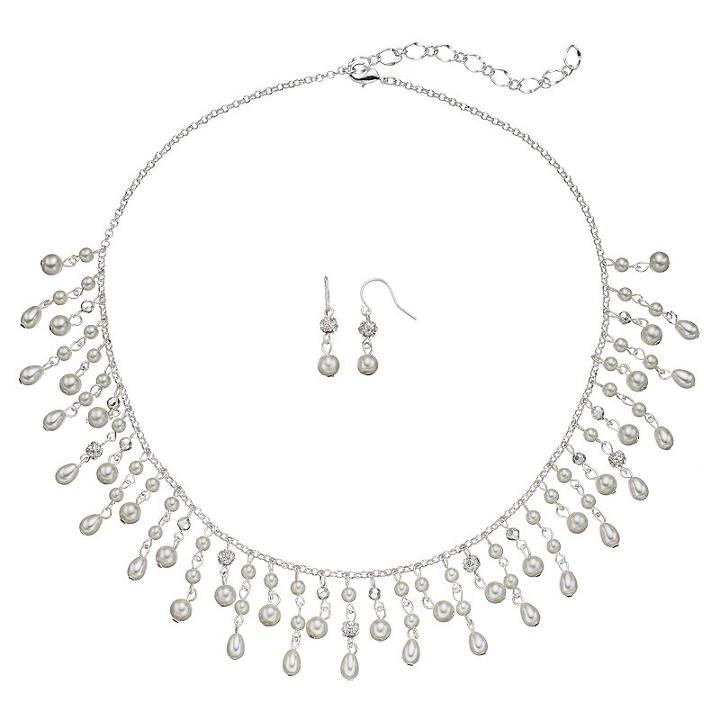 Simulated Pearl Fringe Statement Necklace & Drop Earring Set, Women's, White Oth