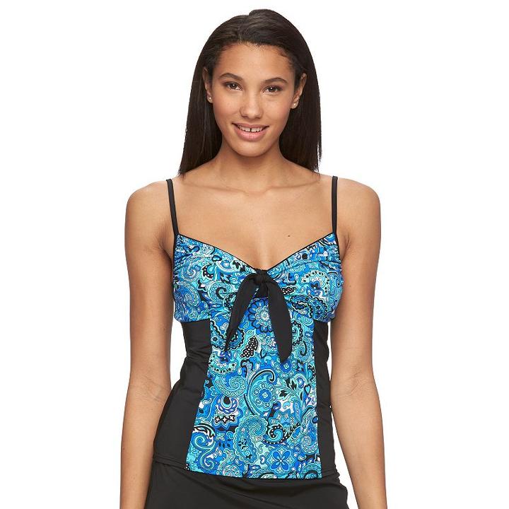 Women's A Shore Fit Tummy Slimmer Bow-front Tankini Top, Size: 10, Blue