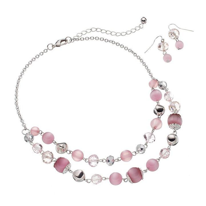 Silver Tone Simulated Cat's-eye & Bead Swag Necklace & Drop Earring Set, Women's, Pink