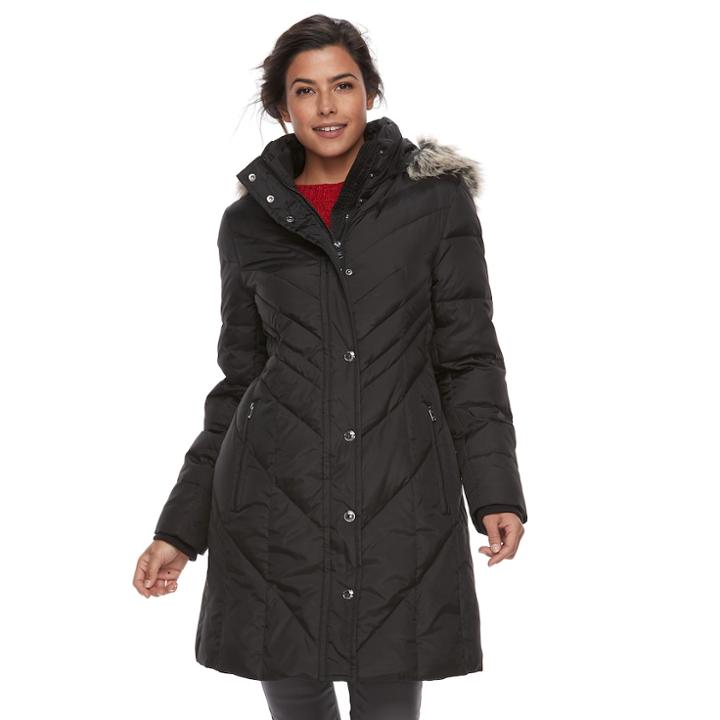 Women's Tower By London Fog Down Faux-fur Trim Puffer Jacket, Size: Large, Black