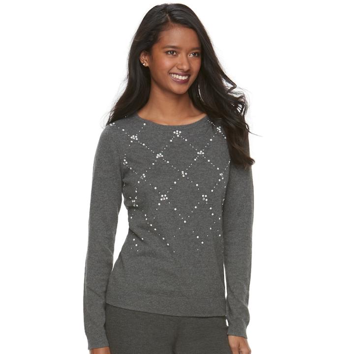 Women's Elle&trade; Embellished Crewneck Sweater, Size: Xl, Dark Grey