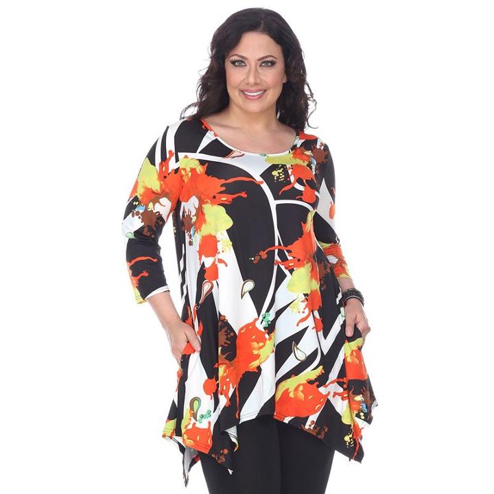 Plus Size White Mark Scroll Shark-bite Tunic, Women's, Size: 1xl, Oxford