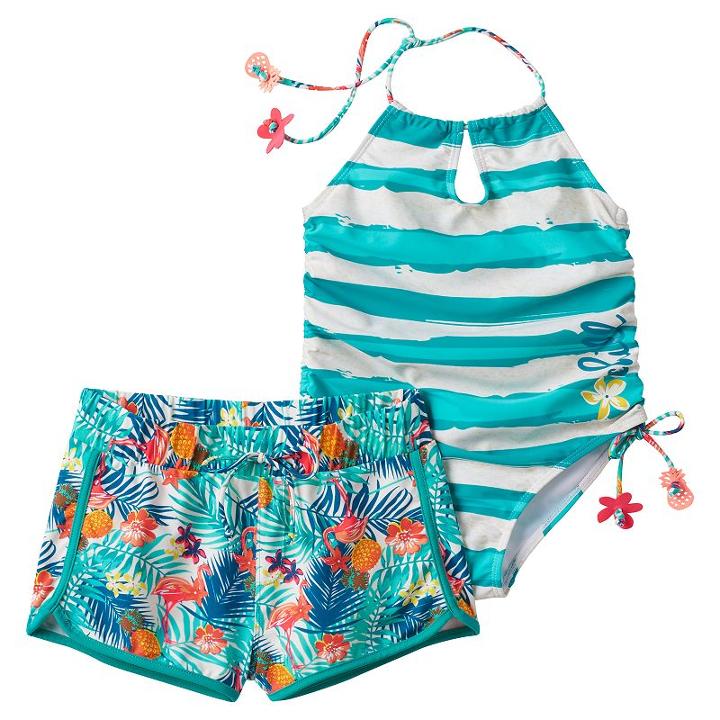 Girls 4-6x Big Chill Striped One-piece Swimsuit & Tropical Shorts Set, Girl's, Size: 4, Blue Other