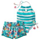 Girls 4-6x Big Chill Striped One-piece Swimsuit & Tropical Shorts Set, Girl's, Size: 4, Blue Other