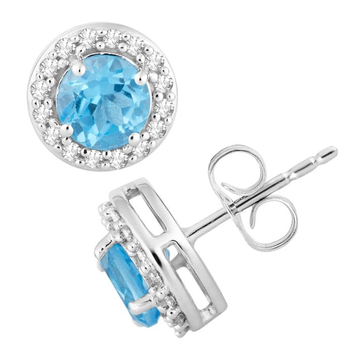 10k White Gold Swiss Blue Topaz & 1/6 Carat T.w. Diamond Halo Stud Earrings, Women's