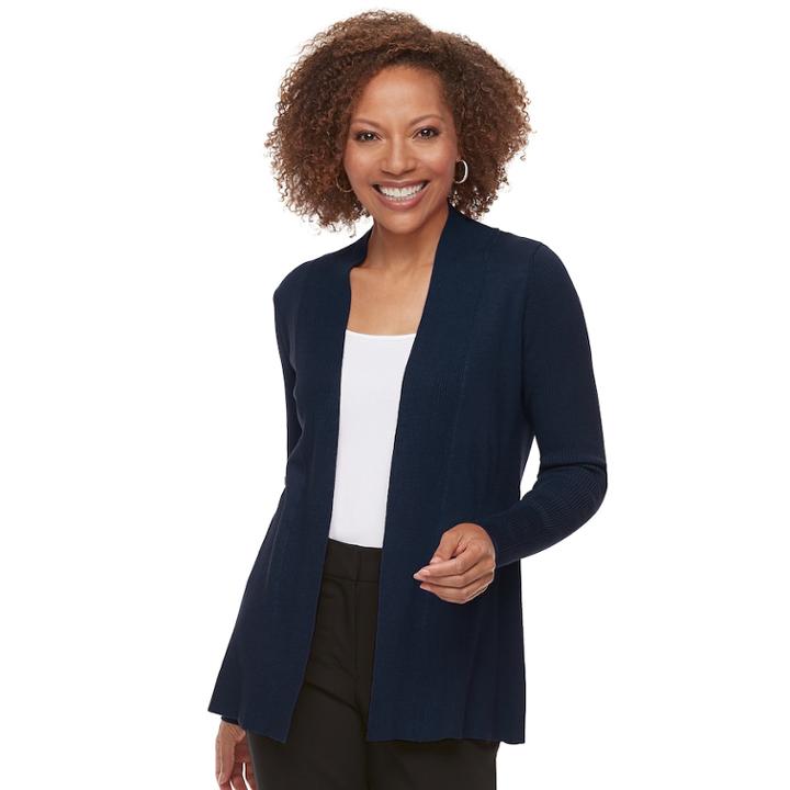 Petite Dana Buchman Ribbed Long Sleeve Cardigan, Women's, Size: L Petite, Blue (navy)