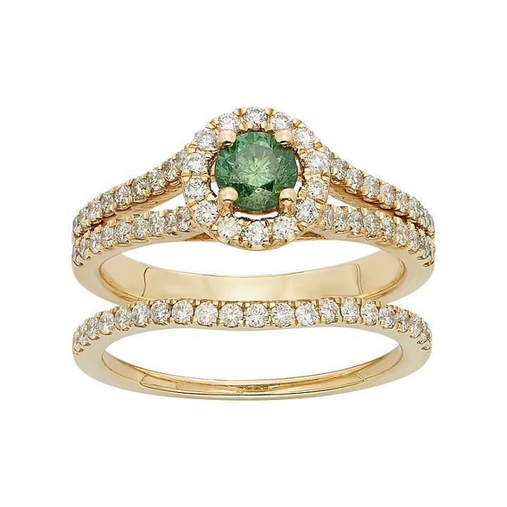 Igl Certified Green & White Diamond Halo Engagement Ring Set In 14k Gold (1 Carat T.w.), Women's, Size: 6.50