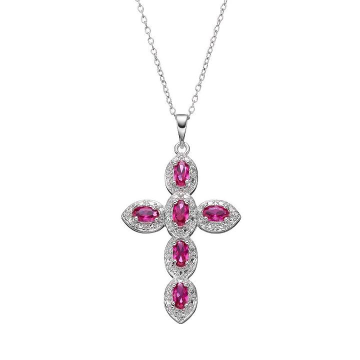 Radiant Gem Lab-created Ruby Sterling Silver Cross Pendant Necklace, Women's, Size: 18, Red