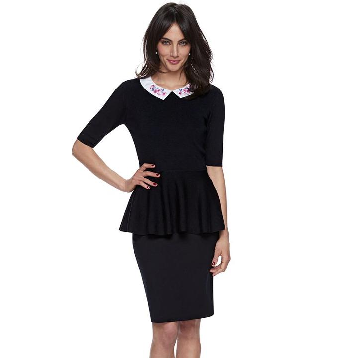 Women's Elle&trade; Embroidered Peplum Sweater Top, Size: Large, Black