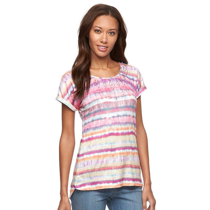 Women's Gloria Vanderbilt Striped Tie-dye High-low Tee, Size: Medium, Dark Pink