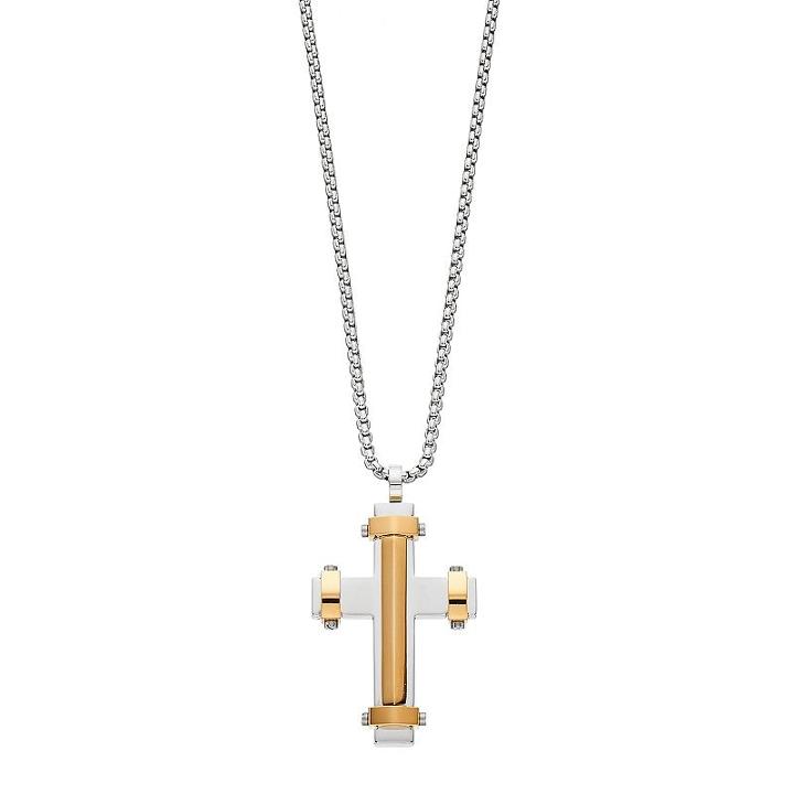 Lynx Men's Two Tone Stainless Steel Cross Pendant Necklace, Size: 24, Silver