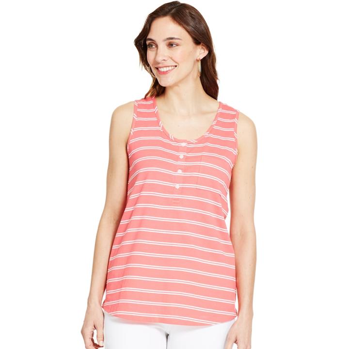 Women's Izod Striped Henley Tank, Size: Medium, Calypso Coral Stripe