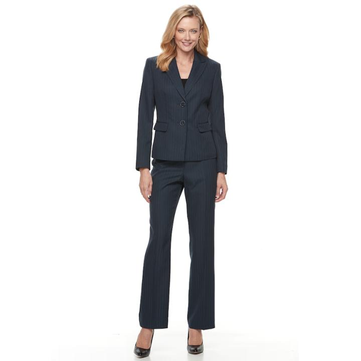Women's Le Suit Pinstripe 2-button Suit Jacket & Pants Set, Size: 12, Med Pink