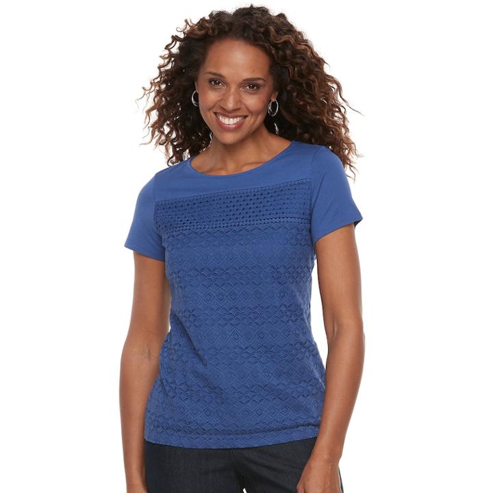 Women's Croft & Barrow&reg; Mixed-media Lace Tee, Size: Medium, Dark Blue