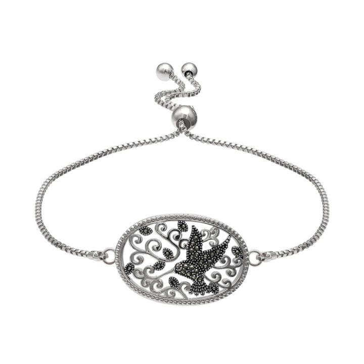 Brilliance Silver Plated Marcasite Hummingbird Bolo Bracelet, Women's, Black
