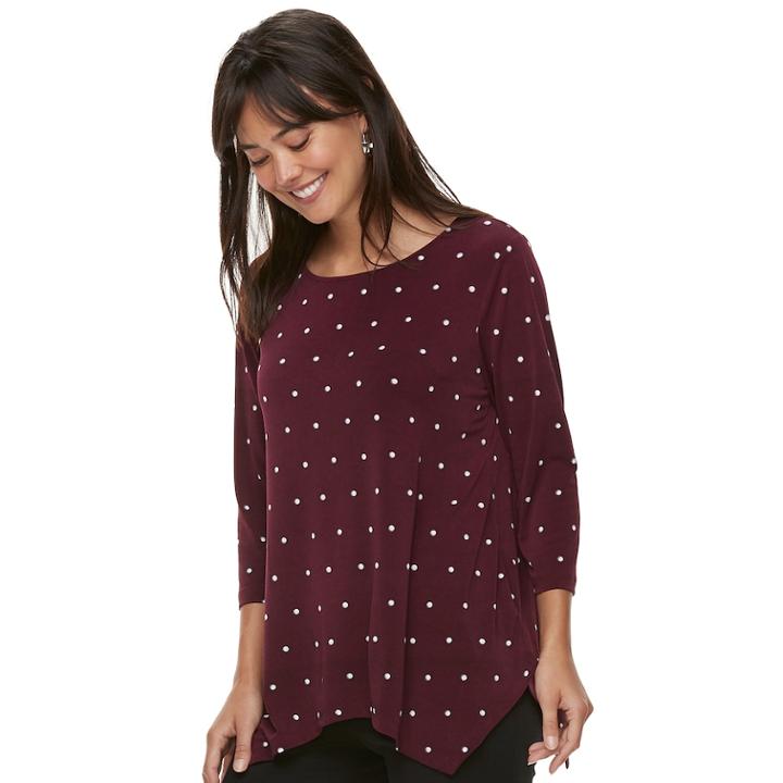 Women's Elle&trade; Print Handkerchief-hem Top, Size: Medium, Dark Red