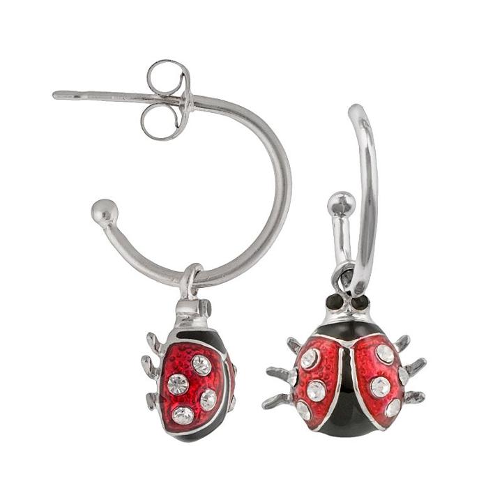 Silver Plated Crystal Ladybug Hoop Drop Earrings, Women's, Multicolor