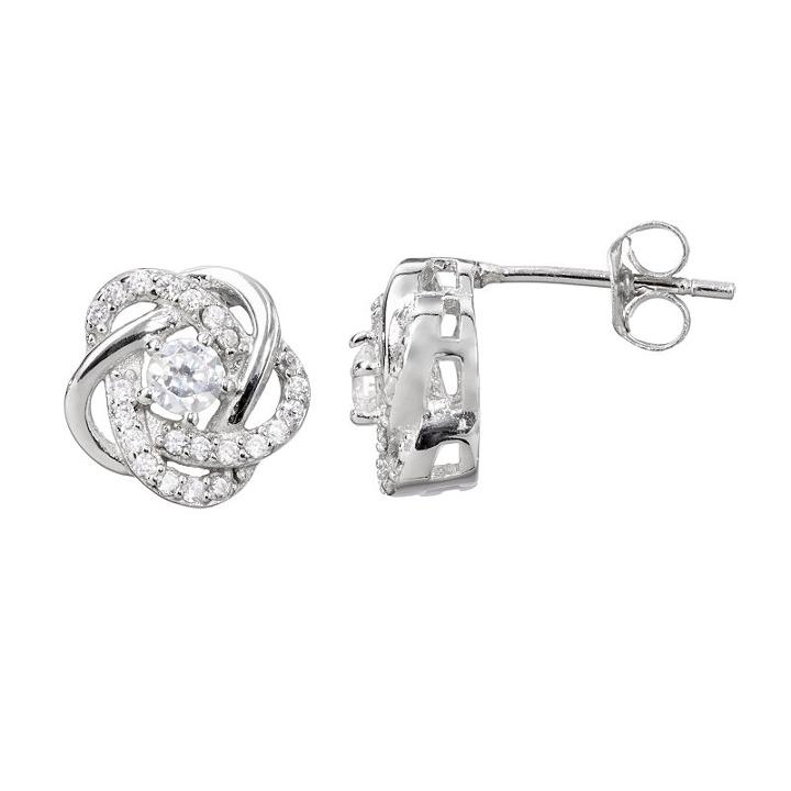 Cubic Zirconia Sterling Silver Flower Love Knot Stud Earrings, Women's, Grey