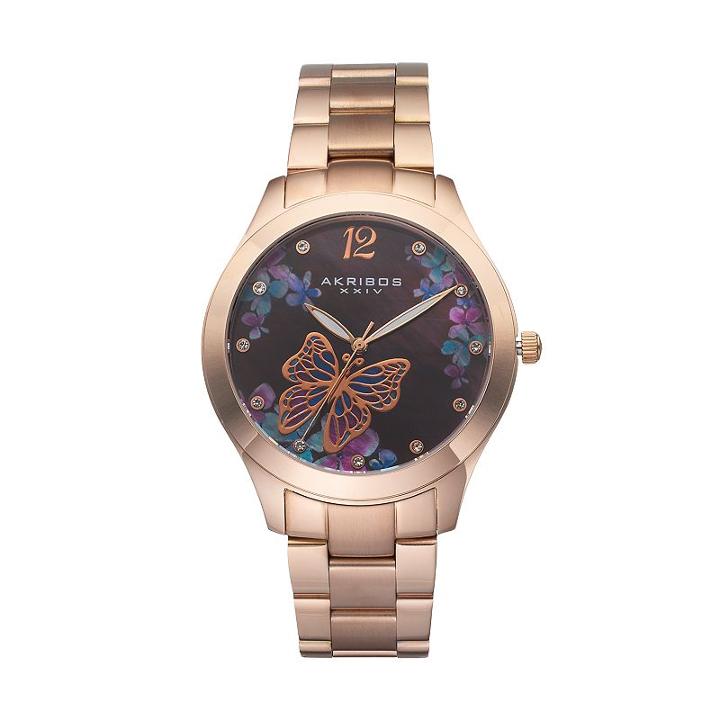 Akribos Xxiv Women's Ornate Crystal Butterfly Watch, Pink