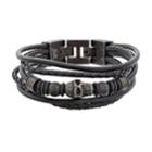 Lynx Men's Black Leather Multistrand Bracelet, Silver
