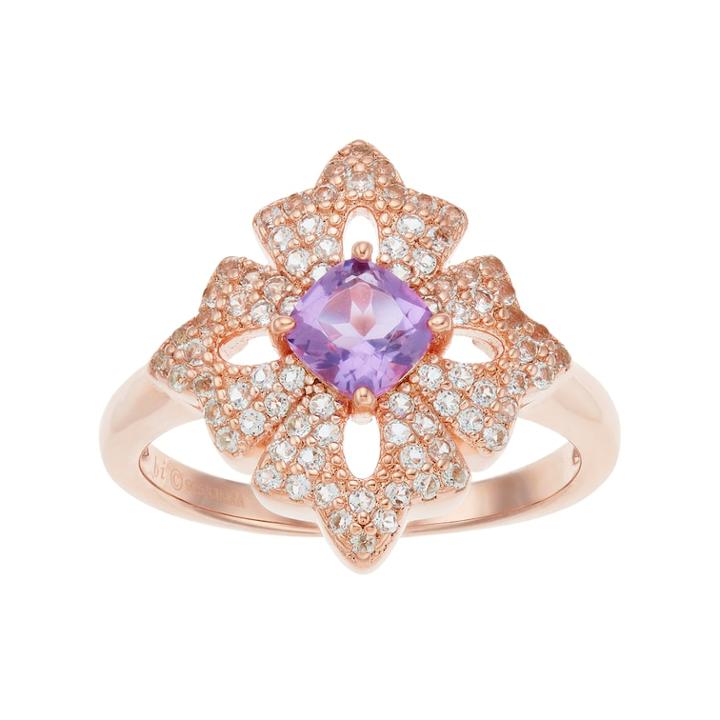 14k Rose Gold Over Silver Amethyst & White Topaz Flower Ring, Women's, Size: 9, Purple