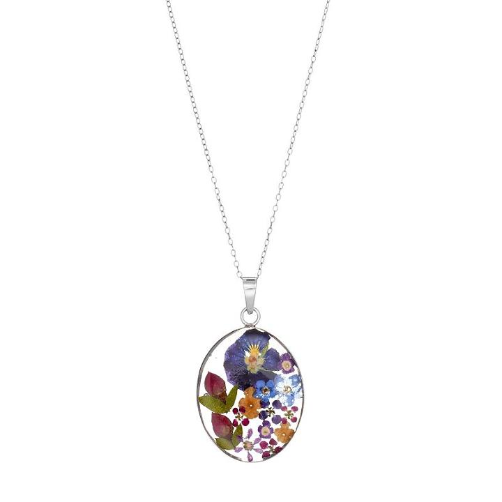Sterling Silver Pressed Flower Oval Pendant Necklace, Women's, Size: 18, Multicolor