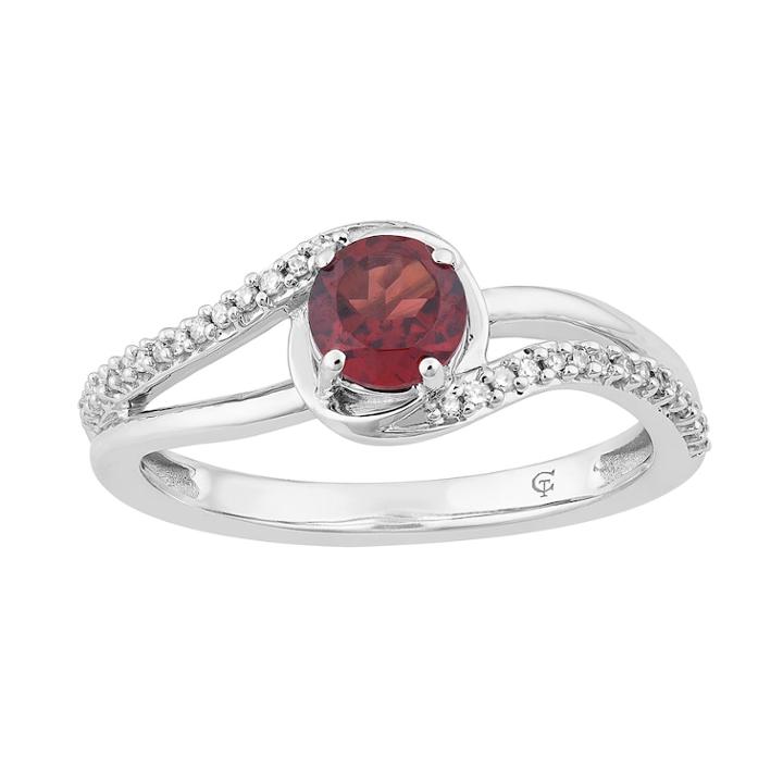 10k White Gold Garnet & 1/8 Carat T.w. Diamond Swirl Ring, Women's, Size: 6, Red