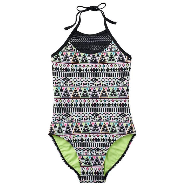 Girls 7-16 So&reg; Mesh Yoke Neon Tribal Halter One-piece Swimsuit, Girl's, Size: S (7/8), Grey