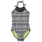 Girls 7-16 So&reg; Mesh Yoke Neon Tribal Halter One-piece Swimsuit, Girl's, Size: S (7/8), Grey