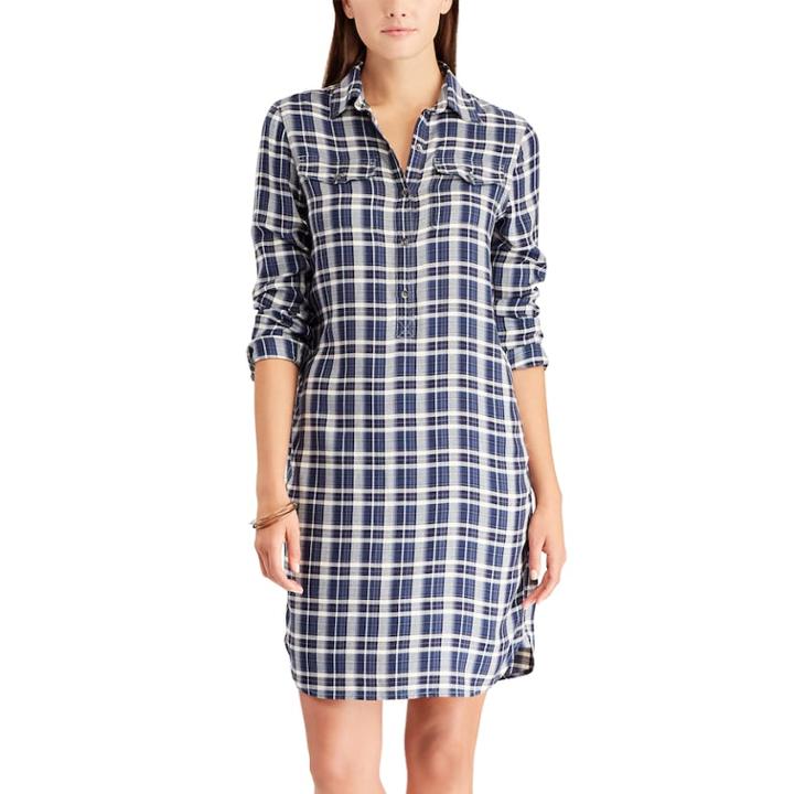Women's Chaps Plaid Twill Shirt Dress, Size: Large, Blue