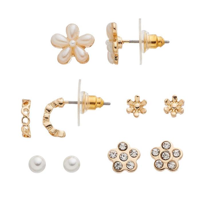 Lc Lauren Conrad Half Hoop & Flower Stud Earring Set, Women's, Multicolor