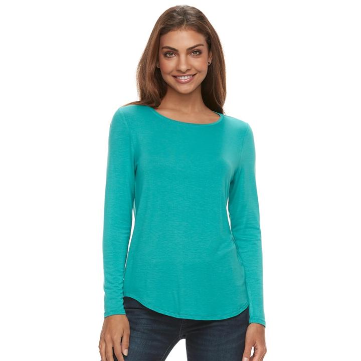 Petite Apt. 9&reg; Essential Long Sleeve Crewneck Top, Women's, Size: L Petite, Med Blue