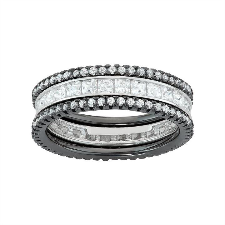Two Tone Sterling Silver Cubic Zirconia Stackable Eternity Ring Set, Women's, Size: 9, White