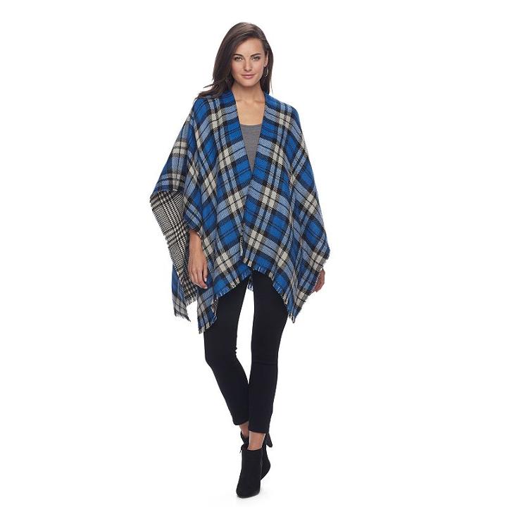 Apt. 9&reg; Reversible Frayed Plaid Ruana, Women's, Dark Blue