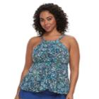 Plus Size A Shore Fit Tummy Slimmer High-neck Tankini Top, Women's, Size: 16 W, Blue