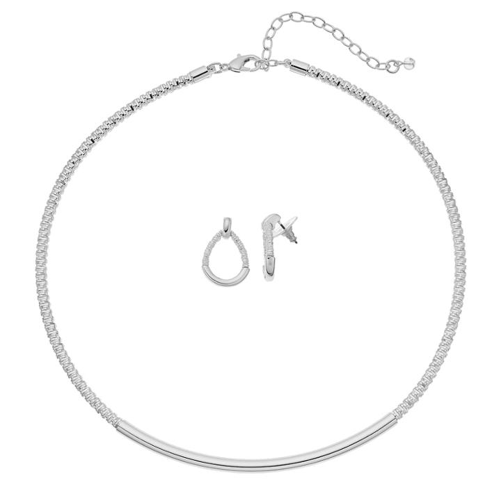 Napier Curved Bar Collar Necklace & Teardrop Stud Earring Set, Women's, Silver
