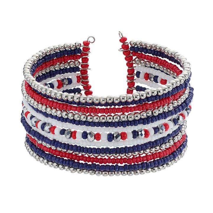 Red, White & Blue Seed Bead Multi Row Cuff Bracelet, Women's, Multicolor
