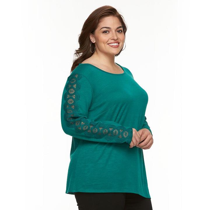 Plus Size Ab Studio Crochet Asymmetrical-hem Sweater, Women's, Size: 3xl, Brt Green