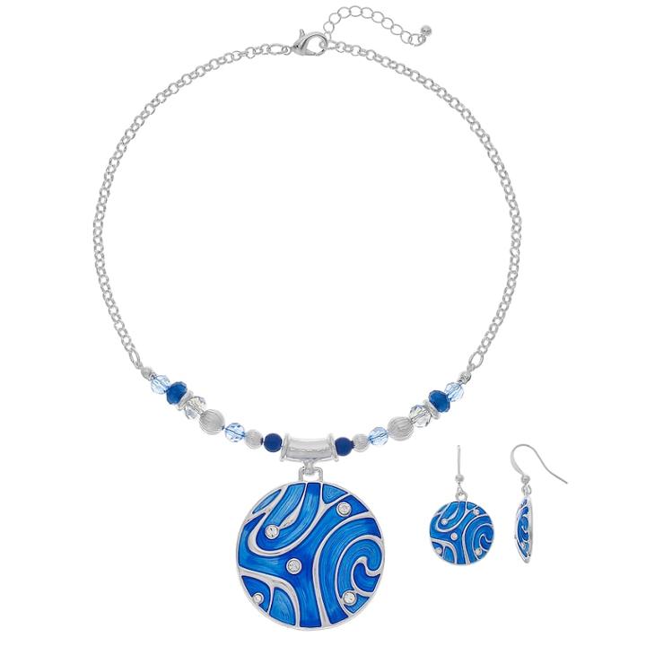 Blue Swirl Disc Pendant Necklace & Nickel Free Drop Earring Set, Women's