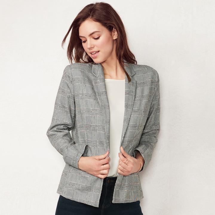 Women's Lc Lauren Conrad Plaid Relaxed Open-front Blazer, Size: Xs, Black