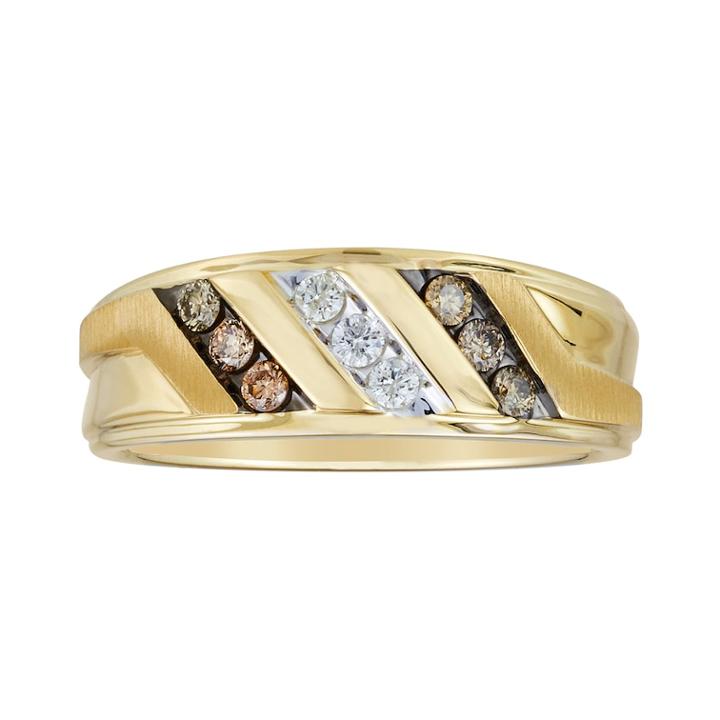 Men's 10k Gold 1/3 Carat T.w. Champagne & White Diamond Triple Row Ring, Size: 11, Brown