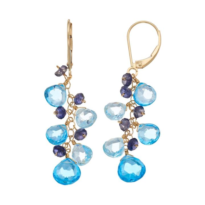 14k Gold Blue Topaz & Iolite Cluster Drop Earrings, Women's