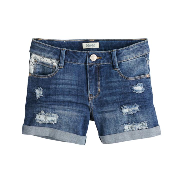 Girls 7-16 & Plus Size Mudd&reg; Distressed Lace Trim Rolled Cuff Denim Shorts, Size: 16, Blue