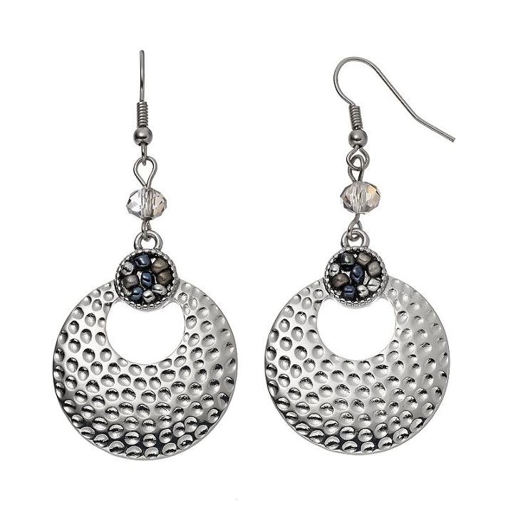 Hammered Cutout Nickel Free Drop Hoop Earrings, Women's, Grey