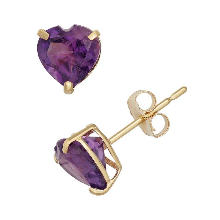 Amethyst 10k Gold Heart Stud Earrings, Women's, Purple