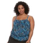 Plus Size A Shore Fit Tummy Slimmer Mesh Blouson Tankini Top, Women's, Size: 16 W, Blue