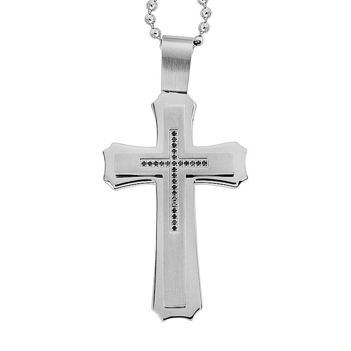 Stainless Steel 1/8-ct. T.w. Black Diamond Cross Pendant - Men, Size: 24, Multicolor
