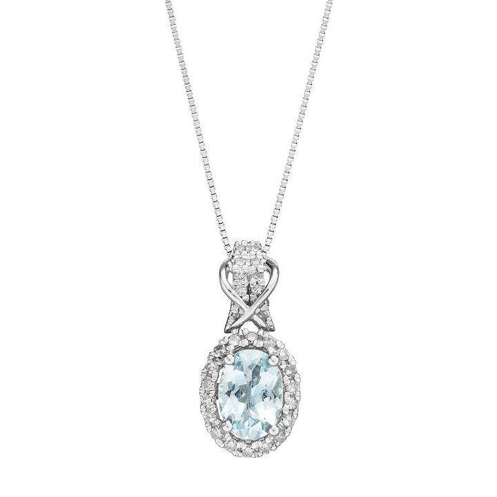 10k White Gold Aquamarine & 1/6 Carat T.w. Diamond Halo Pendant Necklace, Women's, Size: 18, Blue